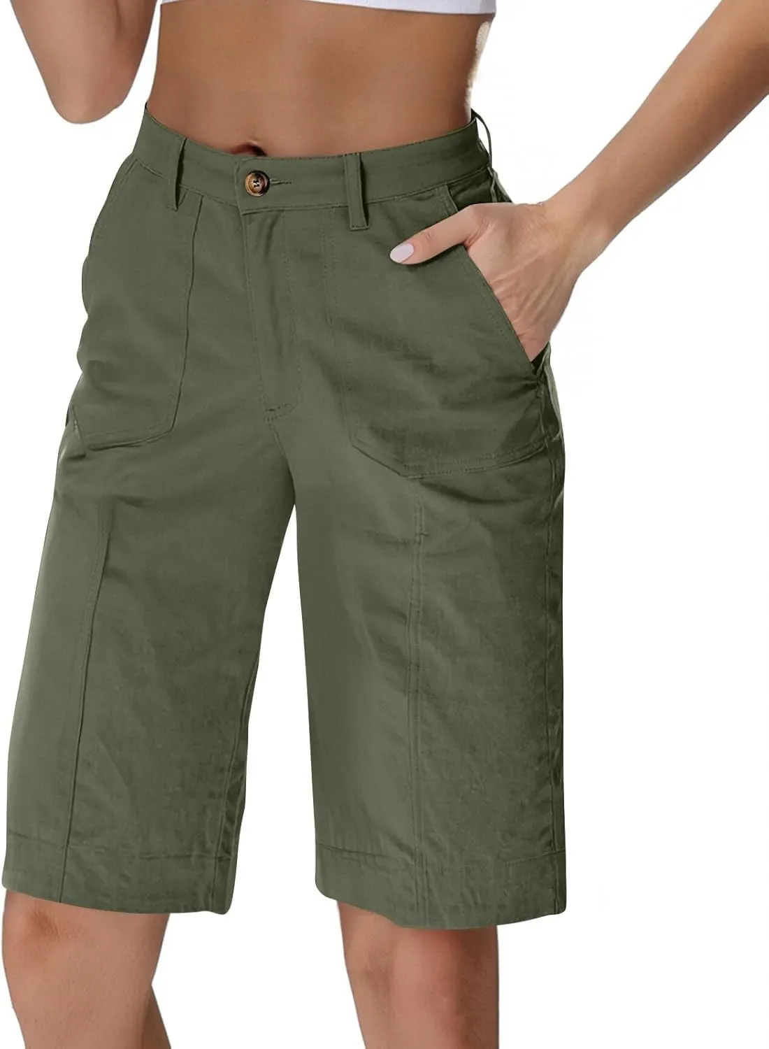 Bermuda Shorts for Women Knee Length High Waisted Chino Shorts Casual Summer Long Wide Leg Baggy Jorts with Pockets