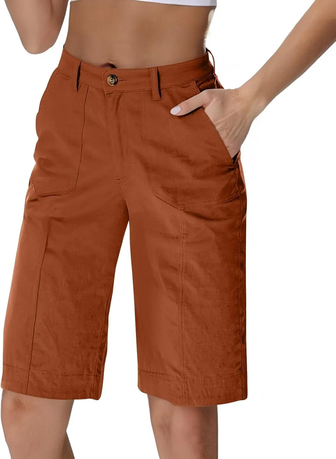 Bermuda Shorts for Women Knee Length High Waisted Chino Shorts Casual Summer Long Wide Leg Baggy Jorts with Pockets