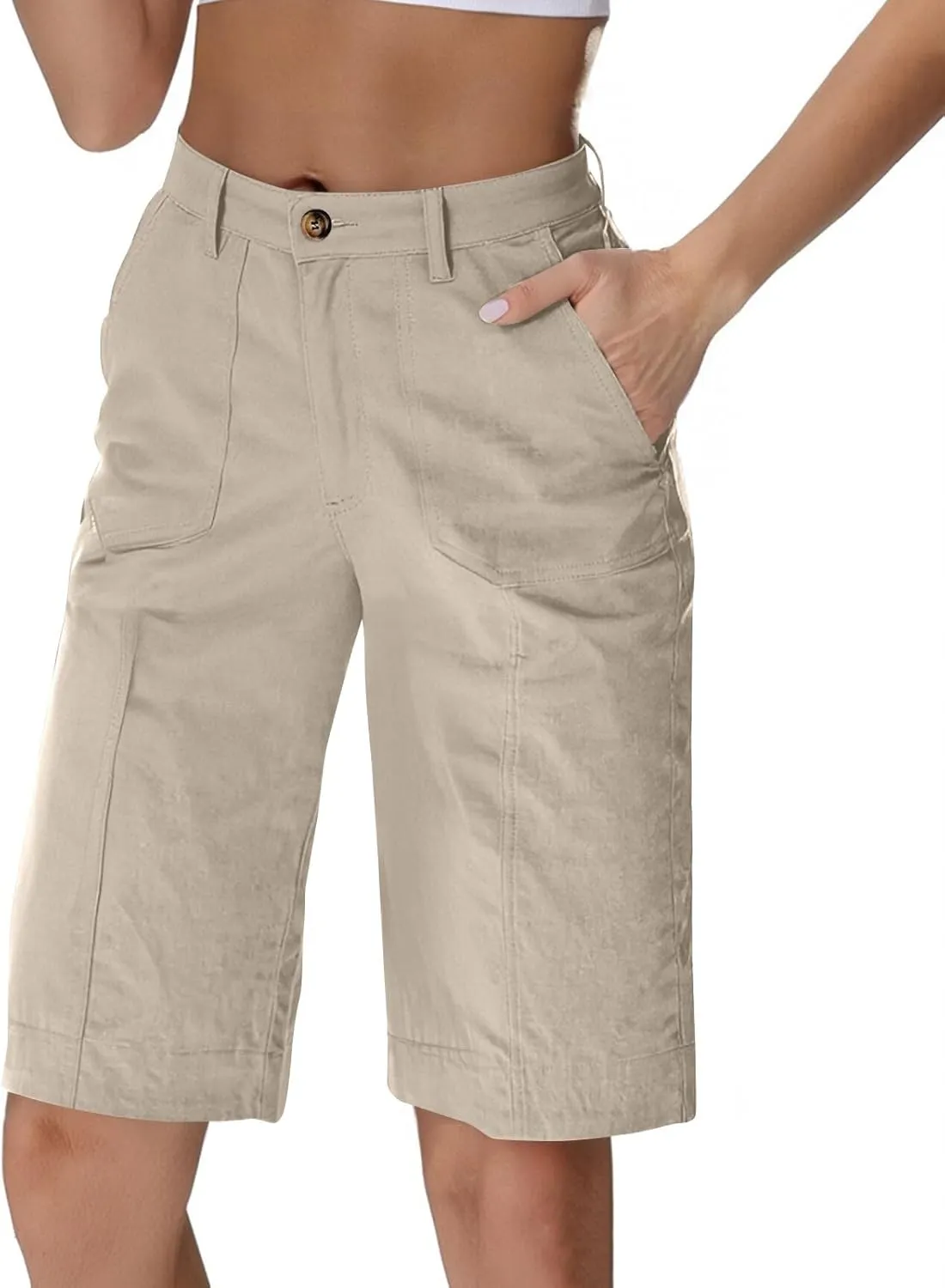 Bermuda Shorts for Women Knee Length High Waisted Chino Shorts Casual Summer Long Wide Leg Baggy Jorts with Pockets
