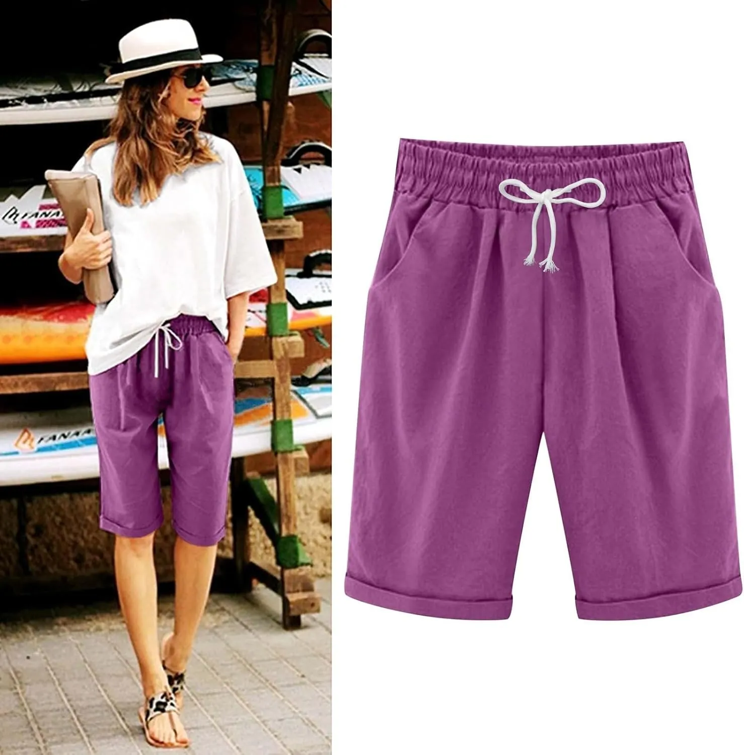 Bermuda Shorts for Women Knee Length Plus Size Summer Casual Beach Elastic Waist Drawstring Comfy Trendy Long Shorts