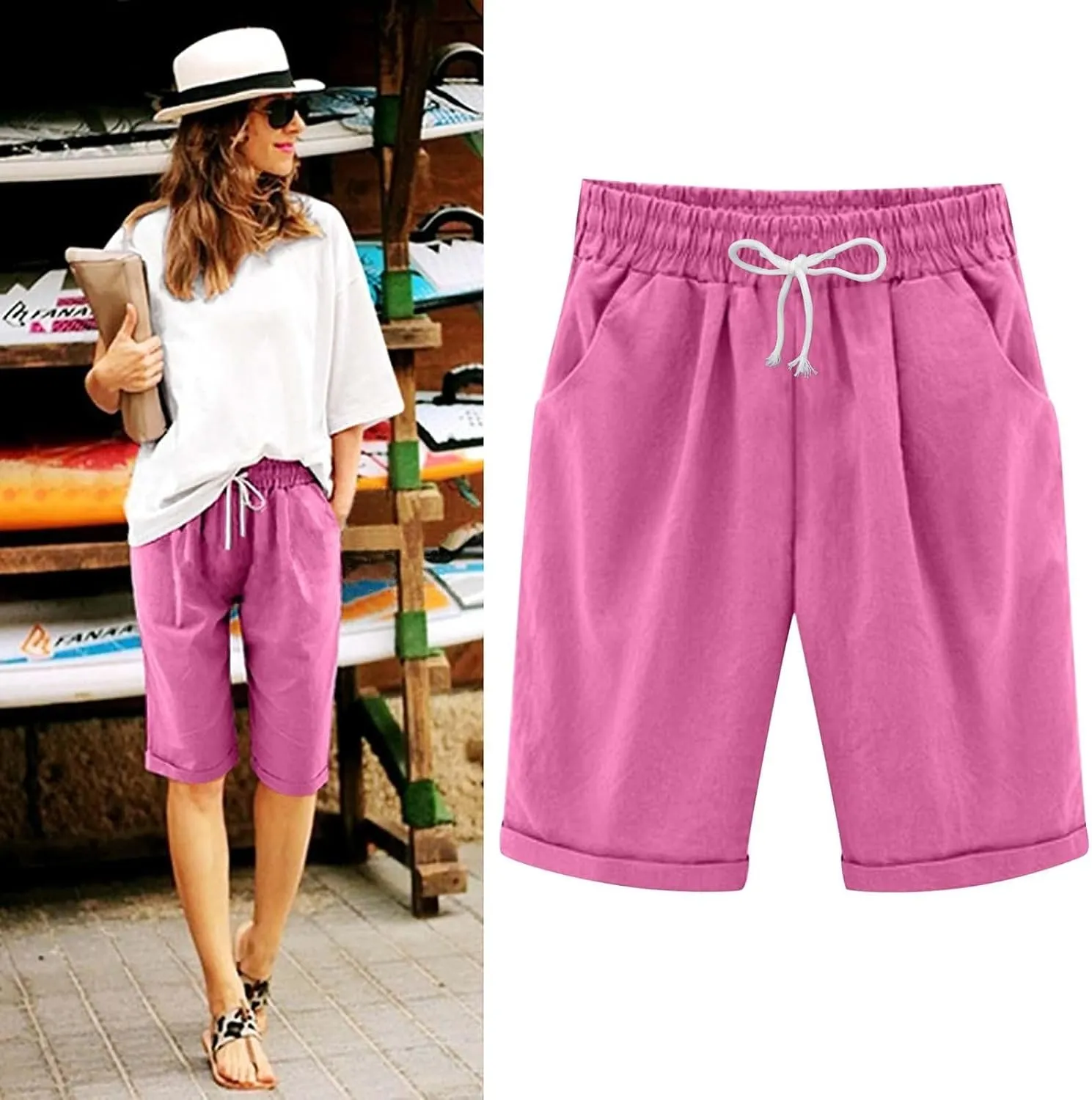 Bermuda Shorts for Women Knee Length Plus Size Summer Casual Beach Elastic Waist Drawstring Comfy Trendy Long Shorts
