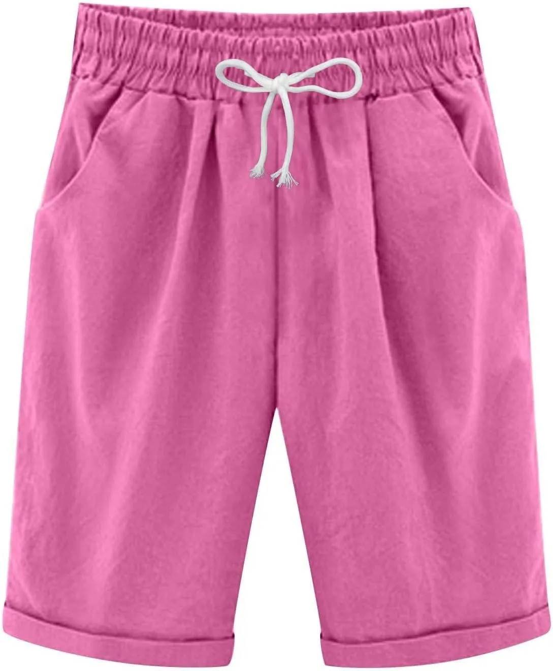 Bermuda Shorts for Women Knee Length Plus Size Summer Casual Beach Elastic Waist Drawstring Comfy Trendy Long Shorts
