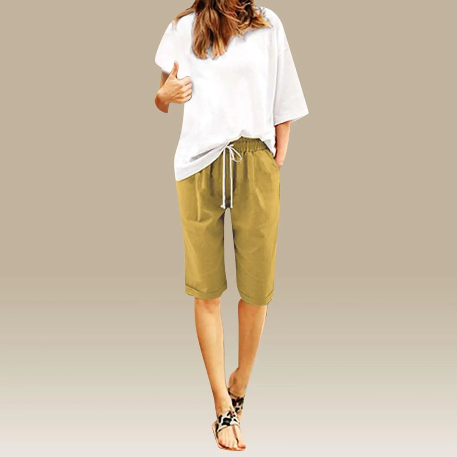Bermuda Shorts for Women Knee Length Plus Size Summer Casual Beach Elastic Waist Drawstring Comfy Trendy Long Shorts