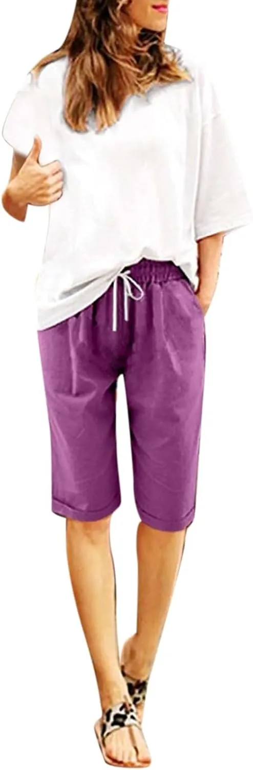 Bermuda Shorts for Women Knee Length Plus Size Summer Casual Beach Elastic Waist Drawstring Comfy Trendy Long Shorts