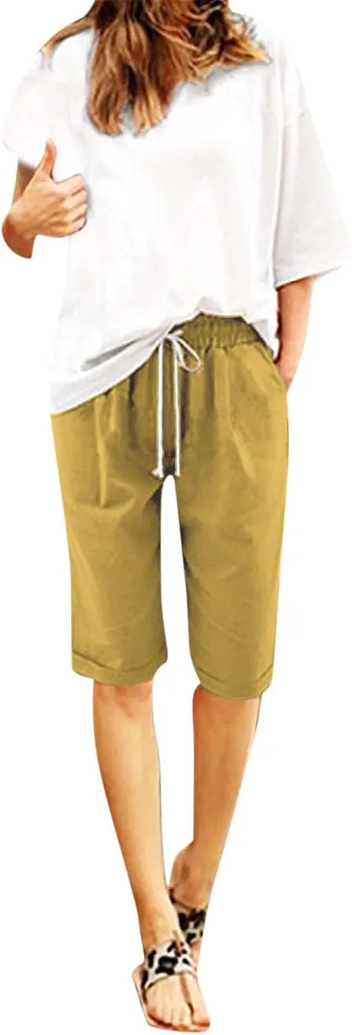 Bermuda Shorts for Women Knee Length Plus Size Summer Casual Beach Elastic Waist Drawstring Comfy Trendy Long Shorts