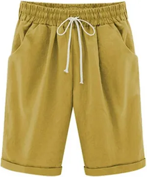 Bermuda Shorts for Women Knee Length Plus Size Summer Casual Beach Elastic Waist Drawstring Comfy Trendy Long Shorts
