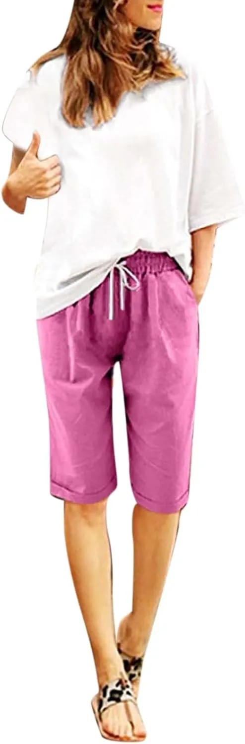 Bermuda Shorts for Women Knee Length Plus Size Summer Casual Beach Elastic Waist Drawstring Comfy Trendy Long Shorts