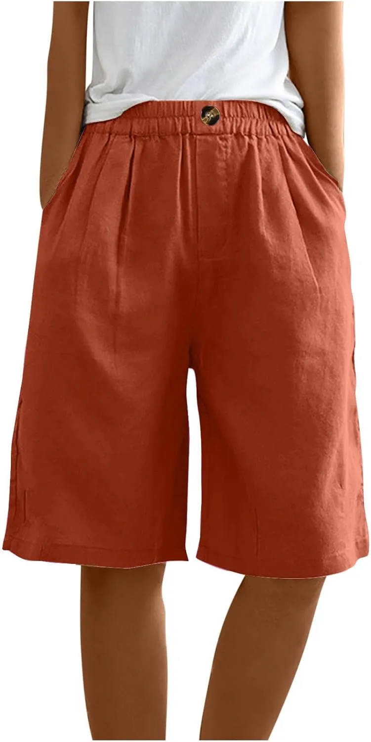 Bermuda Shorts for Women Knee Length Wide Leg Linen Shorts Casual Loose High Waisted Long Short with Pockets Summer
