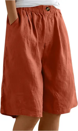 Bermuda Shorts for Women Knee Length Wide Leg Linen Shorts Casual Loose High Waisted Long Short with Pockets Summer