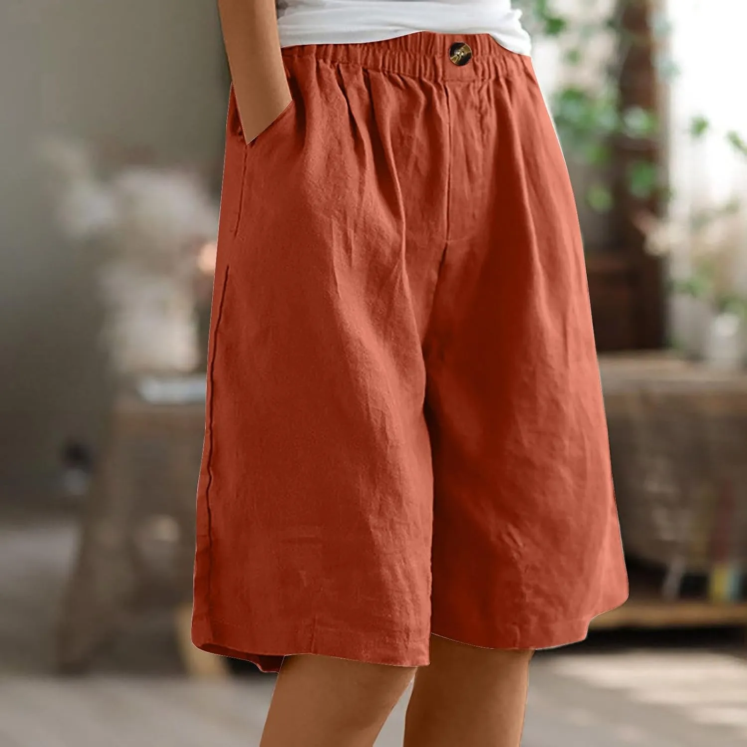 Bermuda Shorts for Women Knee Length Wide Leg Linen Shorts Casual Loose High Waisted Long Short with Pockets Summer