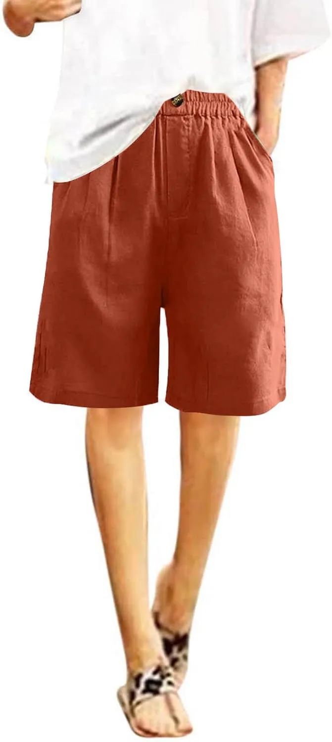 Bermuda Shorts for Women Knee Length Wide Leg Linen Shorts Casual Loose High Waisted Long Short with Pockets Summer