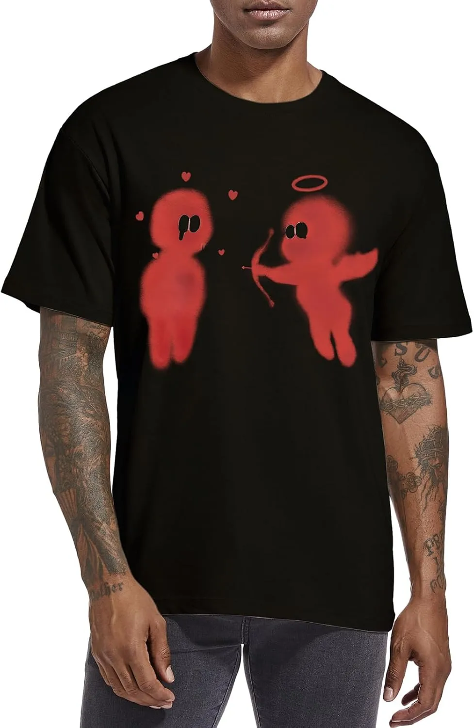 Bobeutou Mens Oversized Vintage Graphic T Shirt Cupid’s Love Arrow Baggy Shirts Streetwear Tshirt Retro Casual Tee Tops