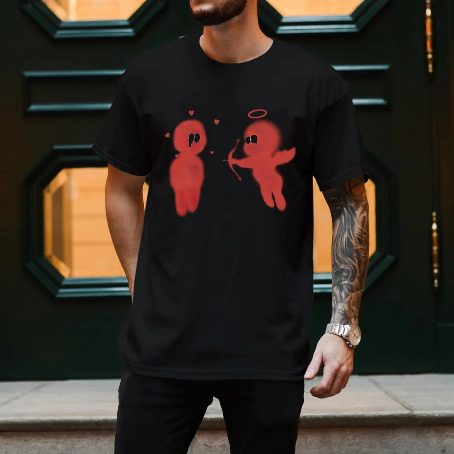 Bobeutou Mens Oversized Vintage Graphic T Shirt Cupid’s Love Arrow Baggy Shirts Streetwear Tshirt Retro Casual Tee Tops