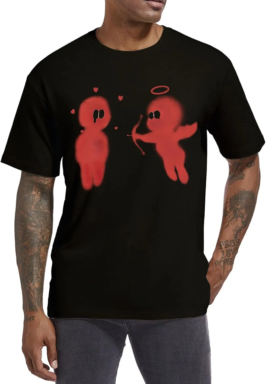 Bobeutou Mens Oversized Vintage Graphic T Shirt Cupid’s Love Arrow Baggy Shirts Streetwear Tshirt Retro Casual Tee Tops