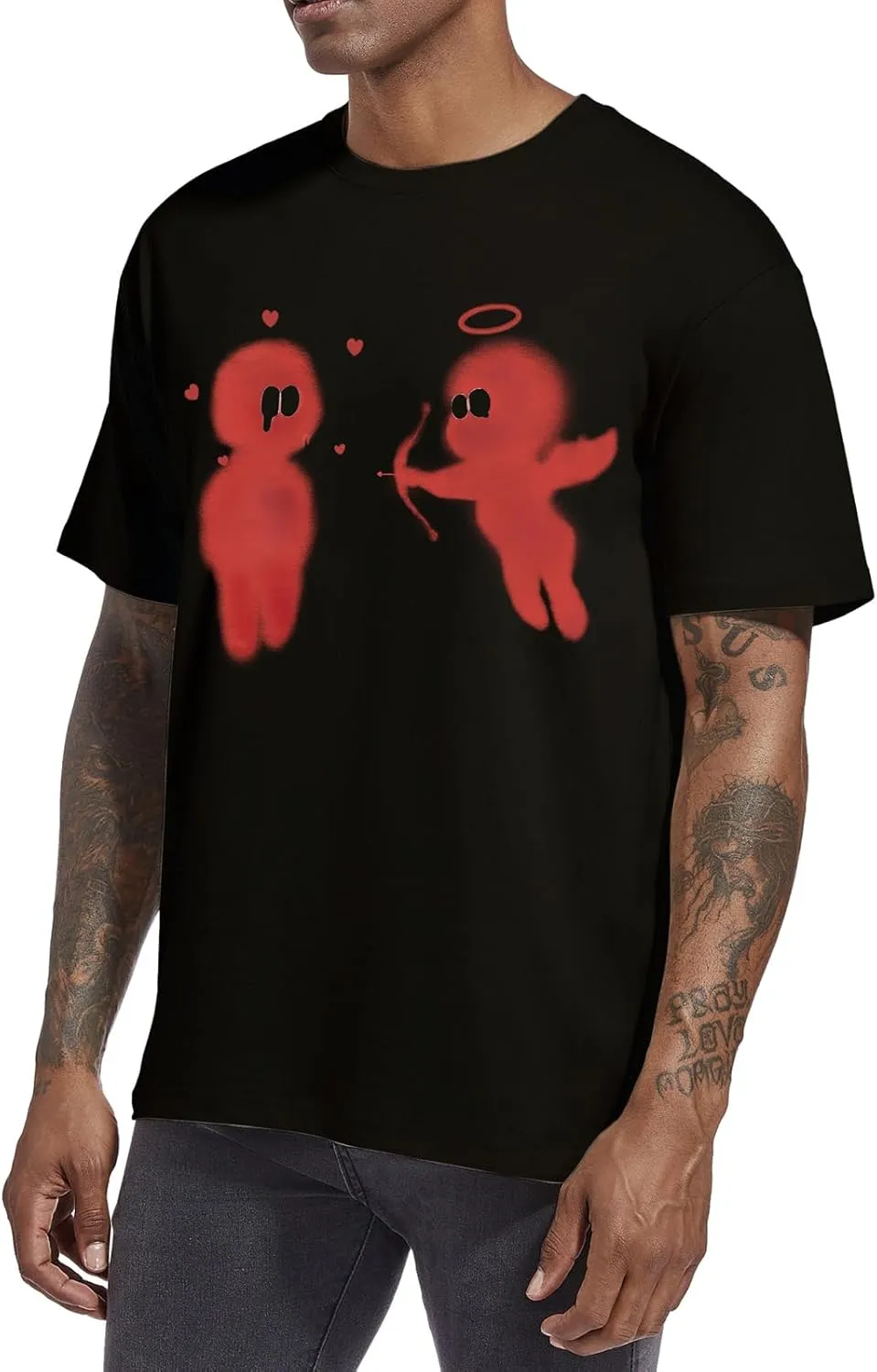 Bobeutou Mens Oversized Vintage Graphic T Shirt Cupid’s Love Arrow Baggy Shirts Streetwear Tshirt Retro Casual Tee Tops