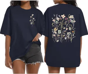 Boho Floral Graphic Tees Vintage Flower T Shirt for Women Oversized Wildflowers Cottagecore Shirts Garden Lover Tops