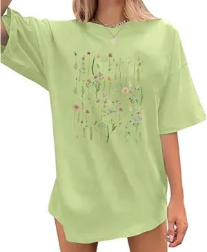 Boho Floral Graphic Tees Vintage Flower T Shirt for Women Oversized Wildflowers Cottagecore Shirts Garden Lover Tops