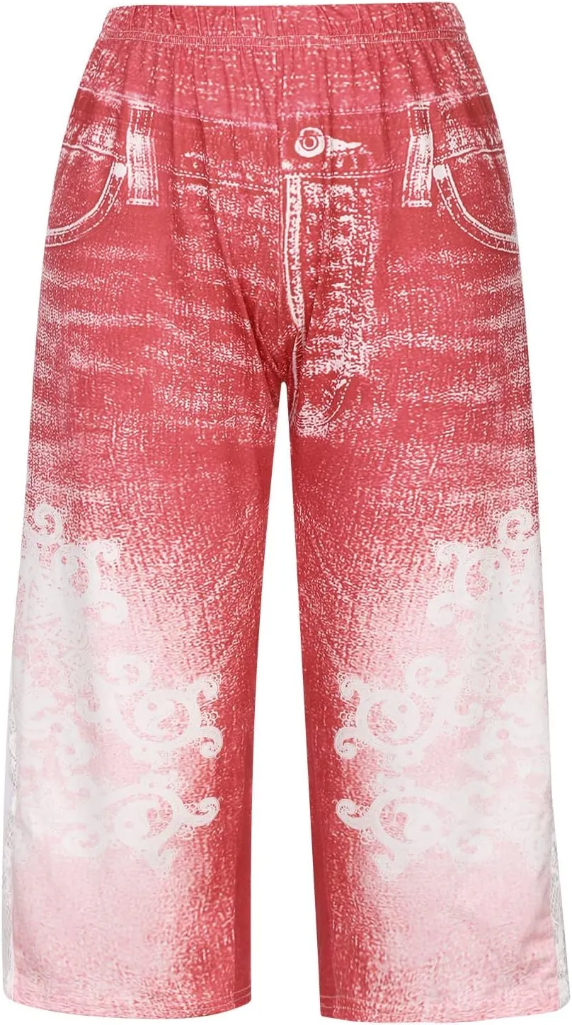 BOXIACEY Faux Denim Leggings for Women Plus Size High Waisted Yoga Pants Capri Jeggings Short Tights Stretch Denim Jeans