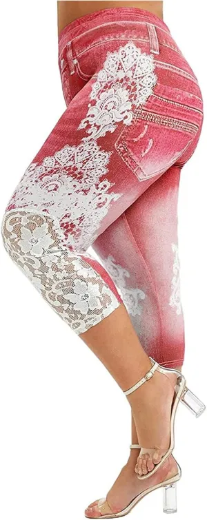 BOXIACEY Faux Denim Leggings for Women Plus Size High Waisted Yoga Pants Capri Jeggings Short Tights Stretch Denim Jeans