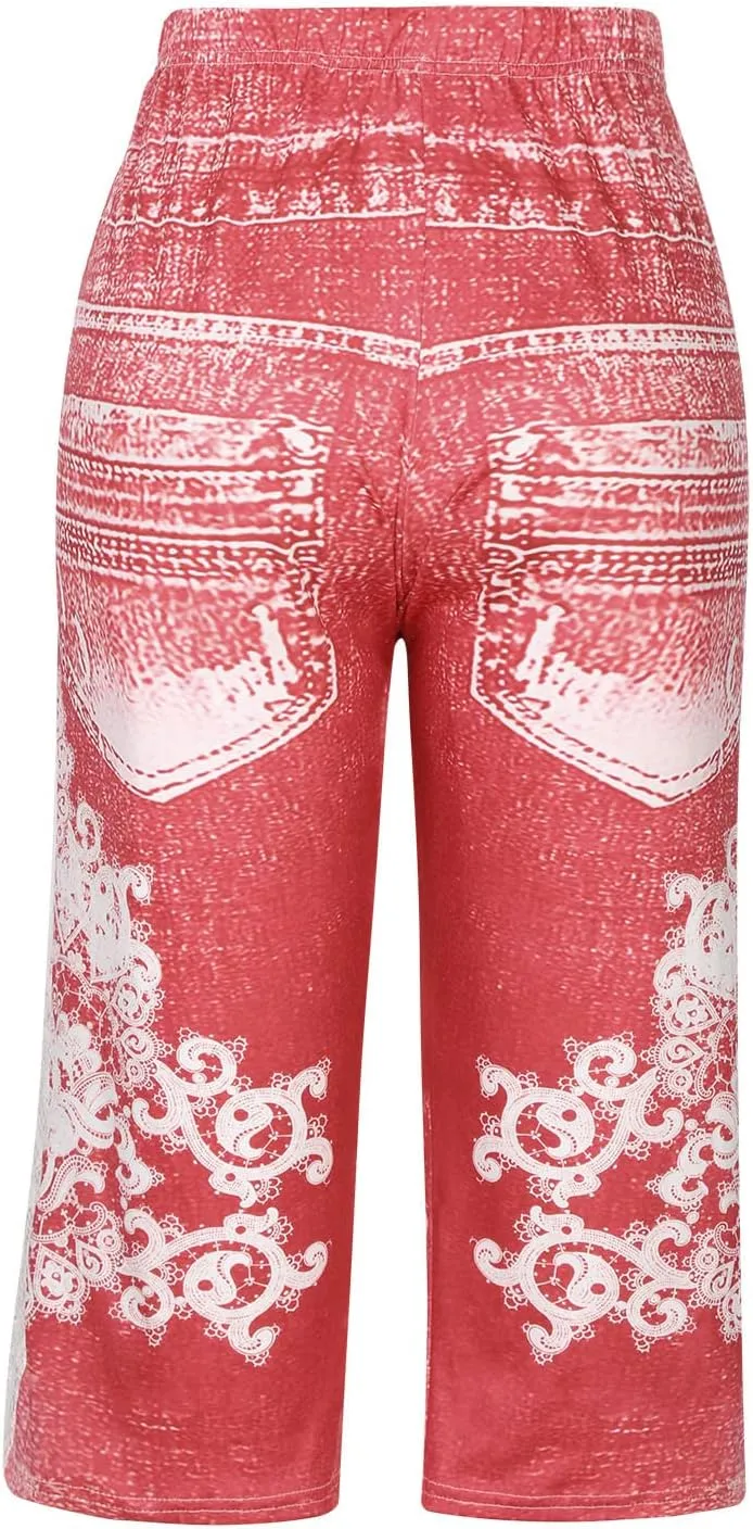 BOXIACEY Faux Denim Leggings for Women Plus Size High Waisted Yoga Pants Capri Jeggings Short Tights Stretch Denim Jeans