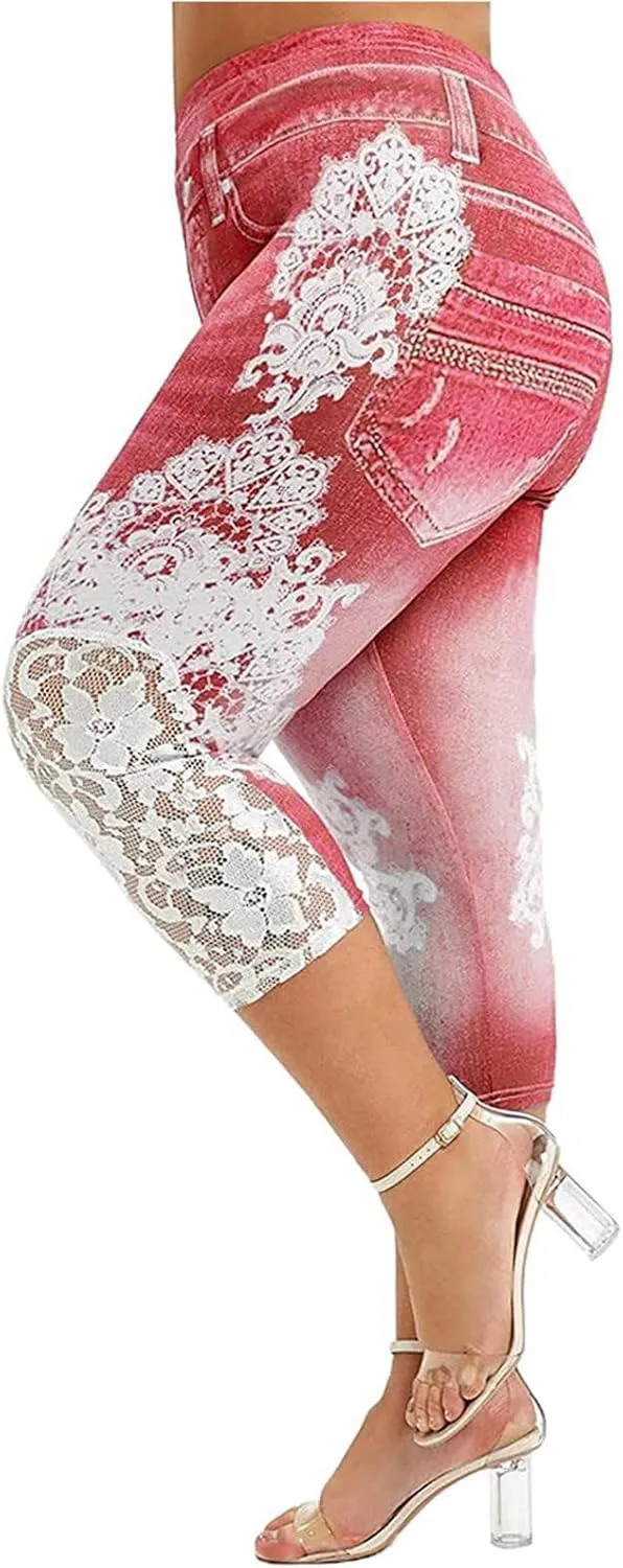 BOXIACEY Faux Denim Leggings for Women Plus Size High Waisted Yoga Pants Capri Jeggings Short Tights Stretch Denim Jeans