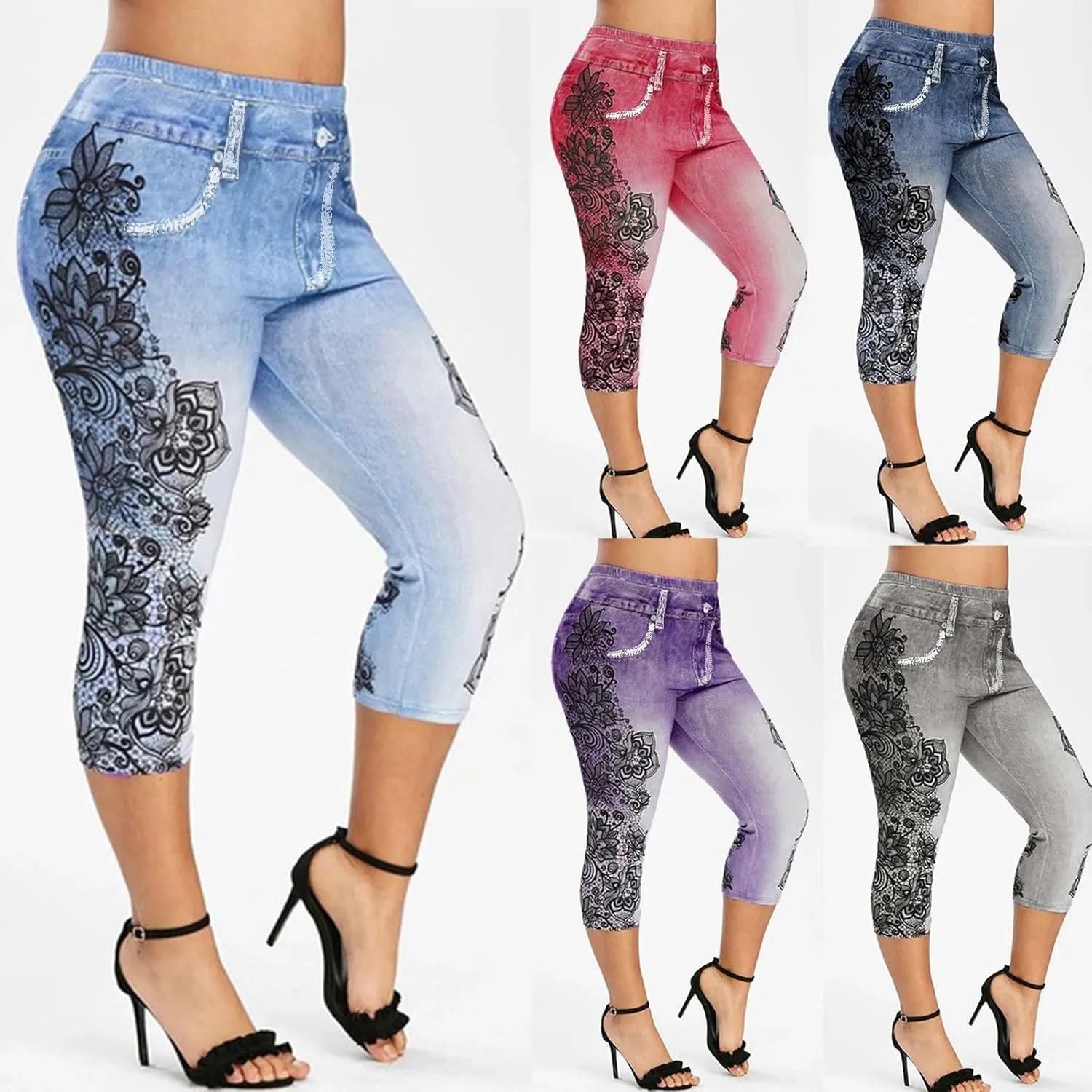 BOXIACEY Faux Denim Leggings for Women Plus Size High Waisted Yoga Pants Capri Jeggings Short Tights Stretch Denim Jeans