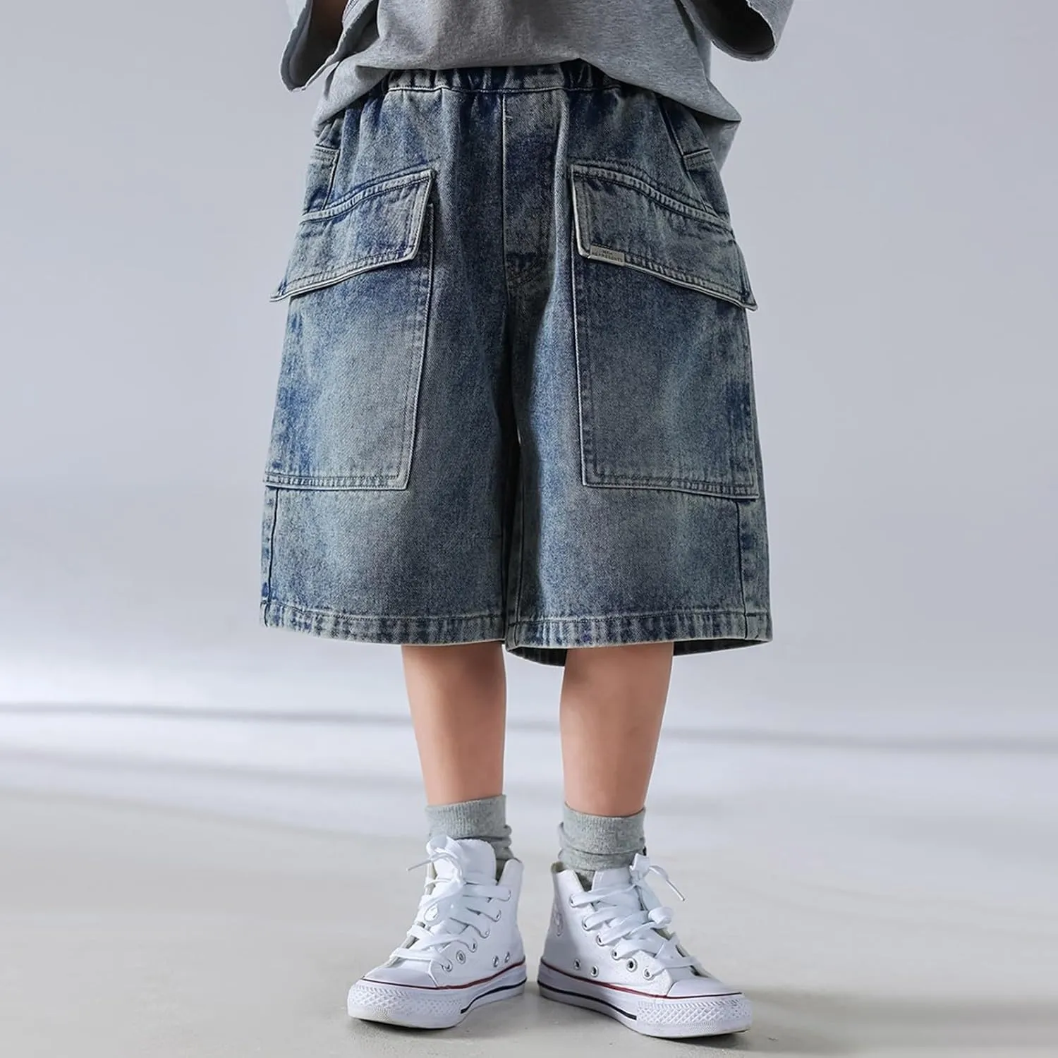 Boys Y2k Baggy Jeans Shorts Elastic High Waist Wide Leg Demin Shorts Hip Hop Loose Short Pants Streetwear Jeans Short