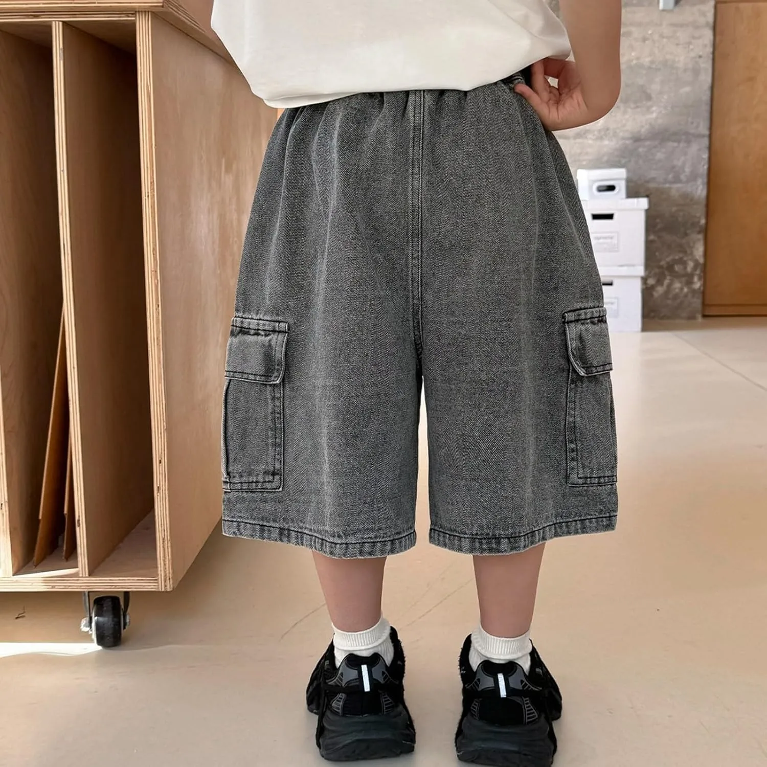 Boys Y2k Baggy Jeans Shorts Elastic High Waist Wide Leg Demin Shorts Hip Hop Loose Short Pants Streetwear Jeans Short