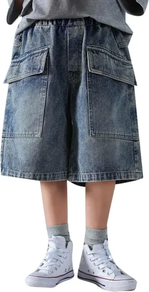 Boys Y2k Baggy Jeans Shorts Elastic High Waist Wide Leg Demin Shorts Hip Hop Loose Short Pants Streetwear Jeans Short