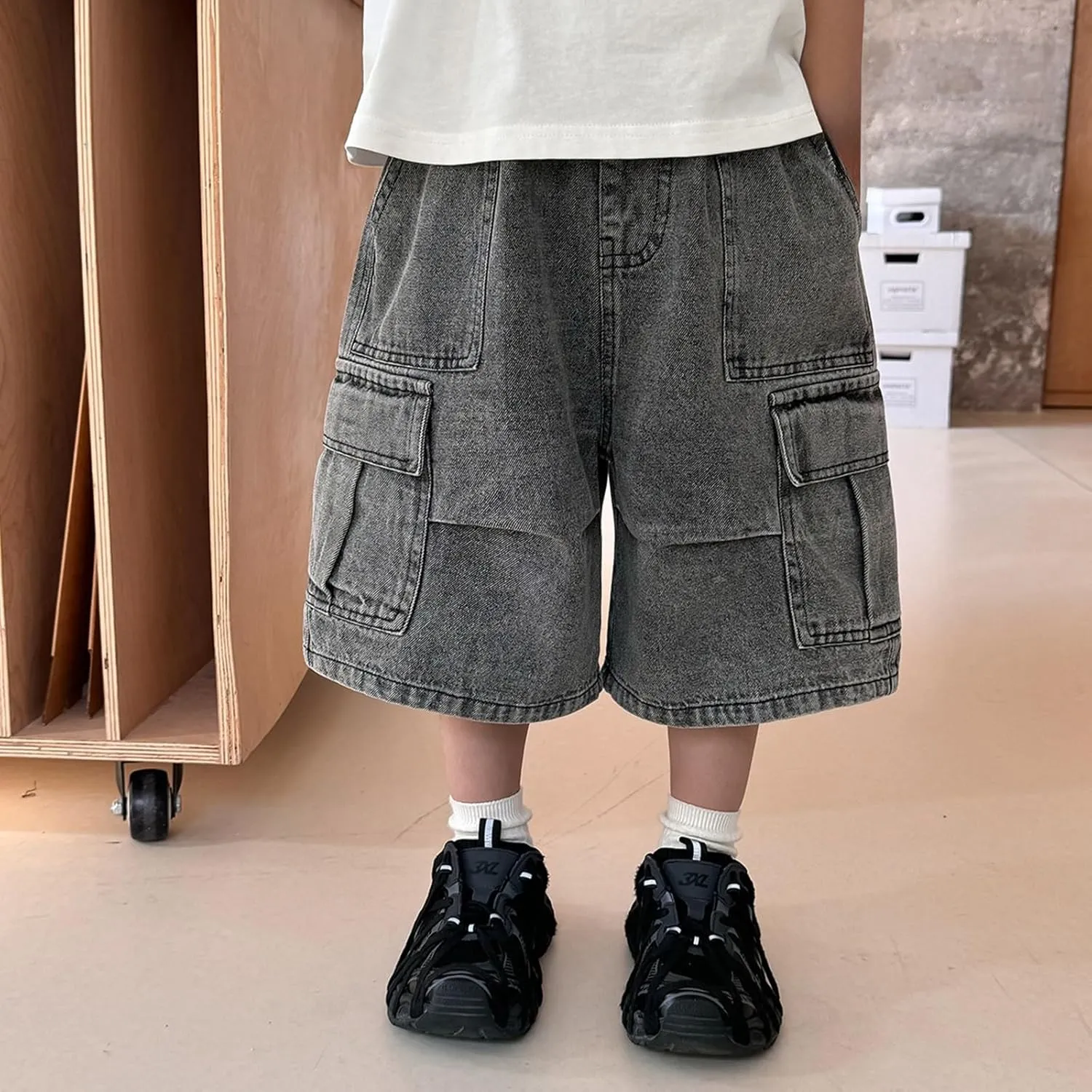 Boys Y2k Baggy Jeans Shorts Elastic High Waist Wide Leg Demin Shorts Hip Hop Loose Short Pants Streetwear Jeans Short