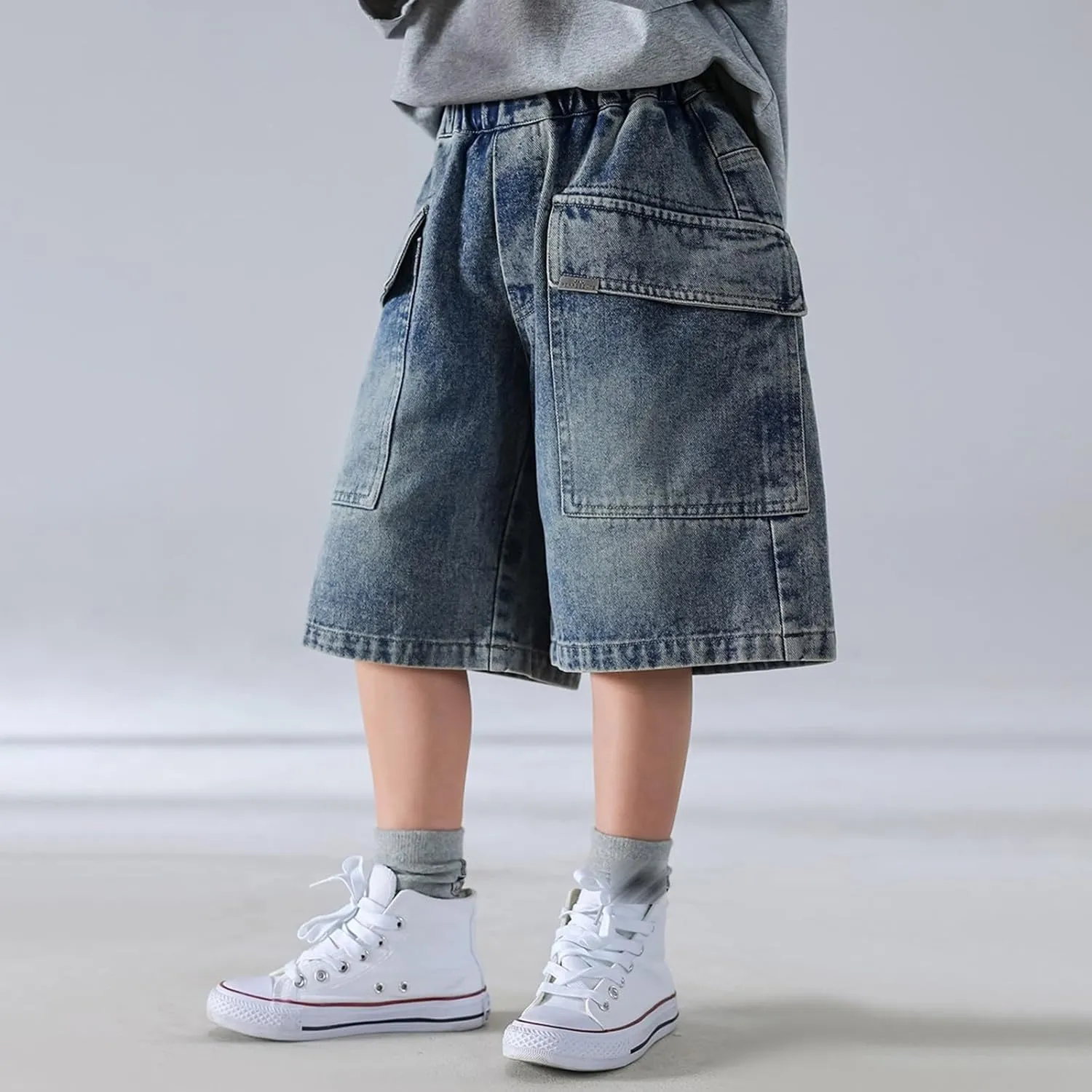 Boys Y2k Baggy Jeans Shorts Elastic High Waist Wide Leg Demin Shorts Hip Hop Loose Short Pants Streetwear Jeans Short