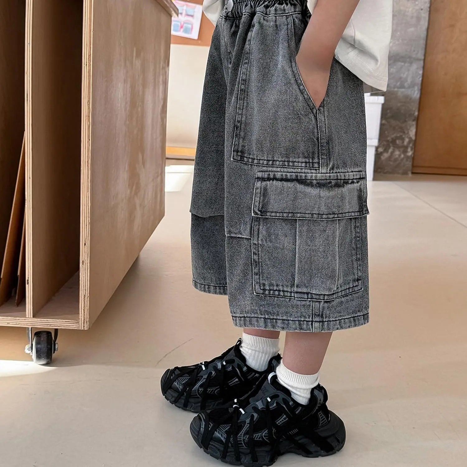 Boys Y2k Baggy Jeans Shorts Elastic High Waist Wide Leg Demin Shorts Hip Hop Loose Short Pants Streetwear Jeans Short