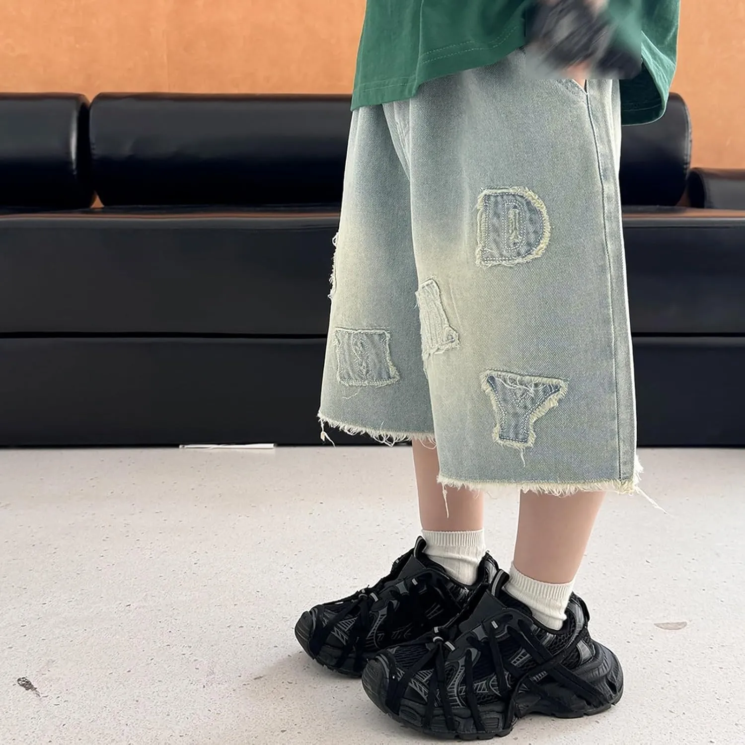 Boys Y2k Baggy Jeans Shorts Elastic High Waist Wide Leg Demin Shorts Hip Hop Loose Short Pants Streetwear Jeans Short