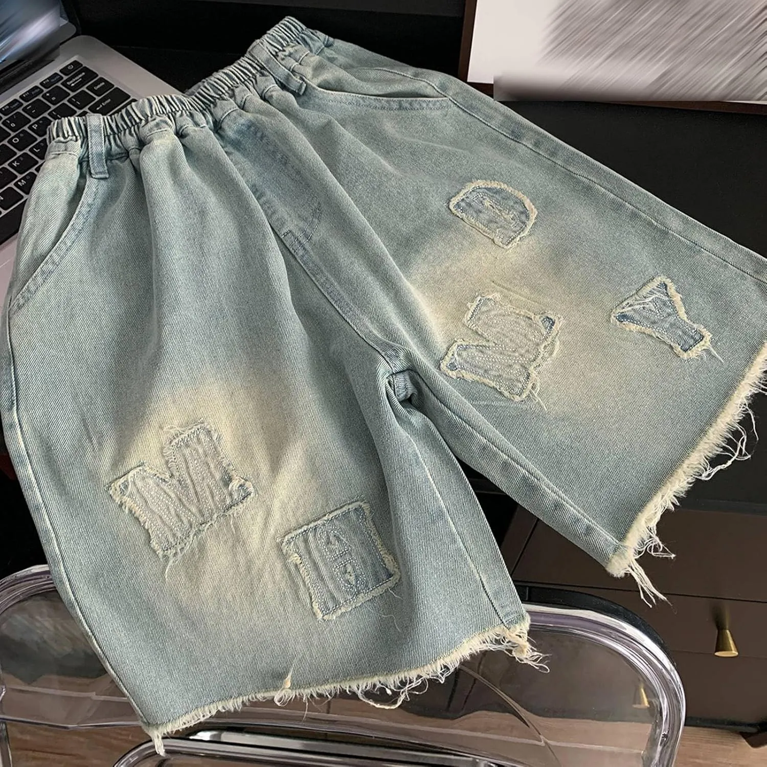 Boys Y2k Baggy Jeans Shorts Elastic High Waist Wide Leg Demin Shorts Hip Hop Loose Short Pants Streetwear Jeans Short
