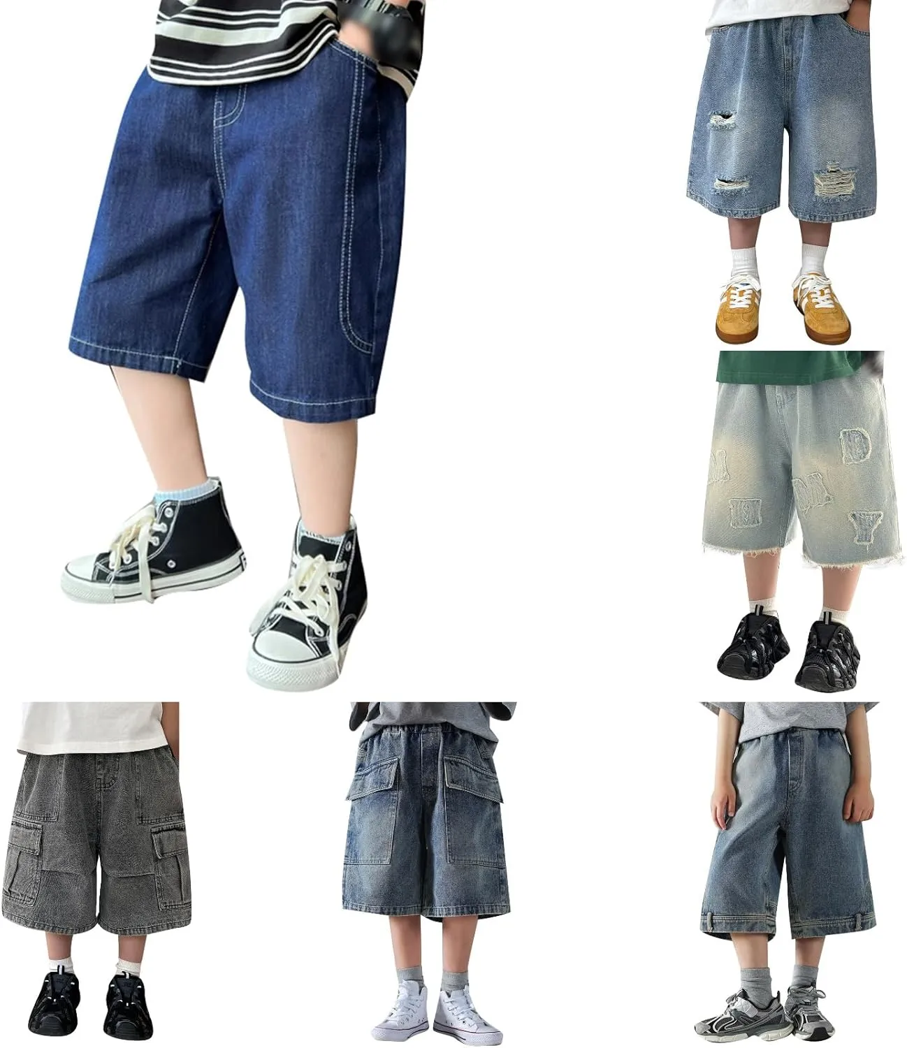 Boys Y2k Baggy Jeans Shorts Elastic Waist Wide Leg Demin Pants Loose Casual Grunge Ripped Hip Hop Short with Pockets