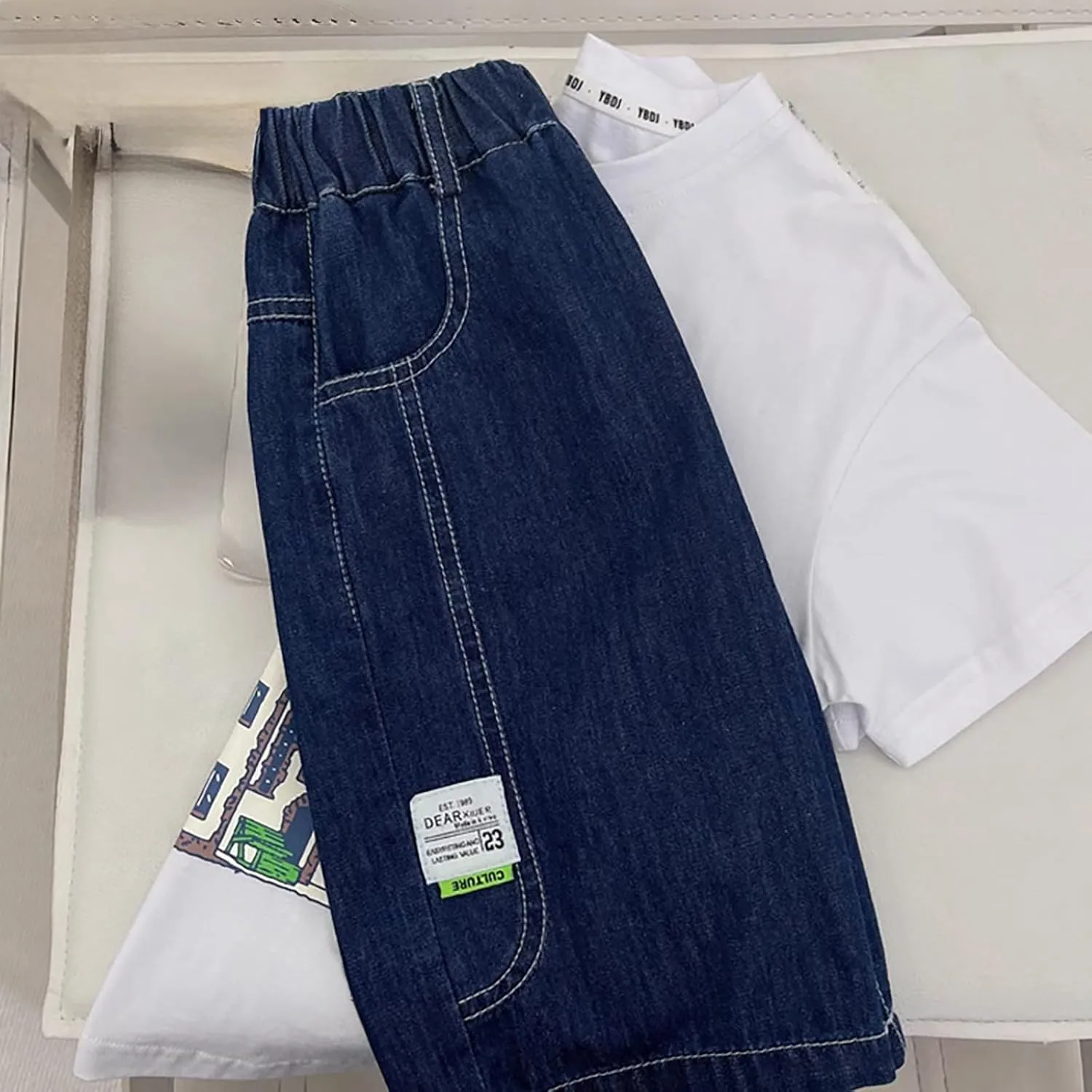 Boys Y2k Baggy Jeans Shorts Elastic Waist Wide Leg Demin Pants Loose Casual Grunge Ripped Hip Hop Short with Pockets