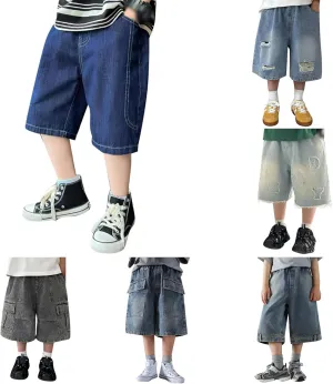 Boys Y2k Baggy Jeans Shorts Elastic Waist Wide Leg Demin Pants Loose Casual Grunge Ripped Hip Hop Short with Pockets