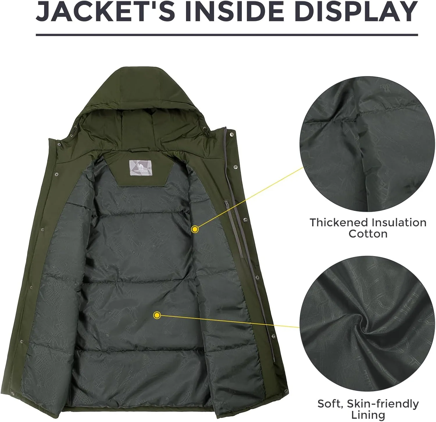 CAMELSPORTS Mens Winter Coats Long Warm Jacket with Hood Casual Quilted Puffer Parka Windproof Jackets