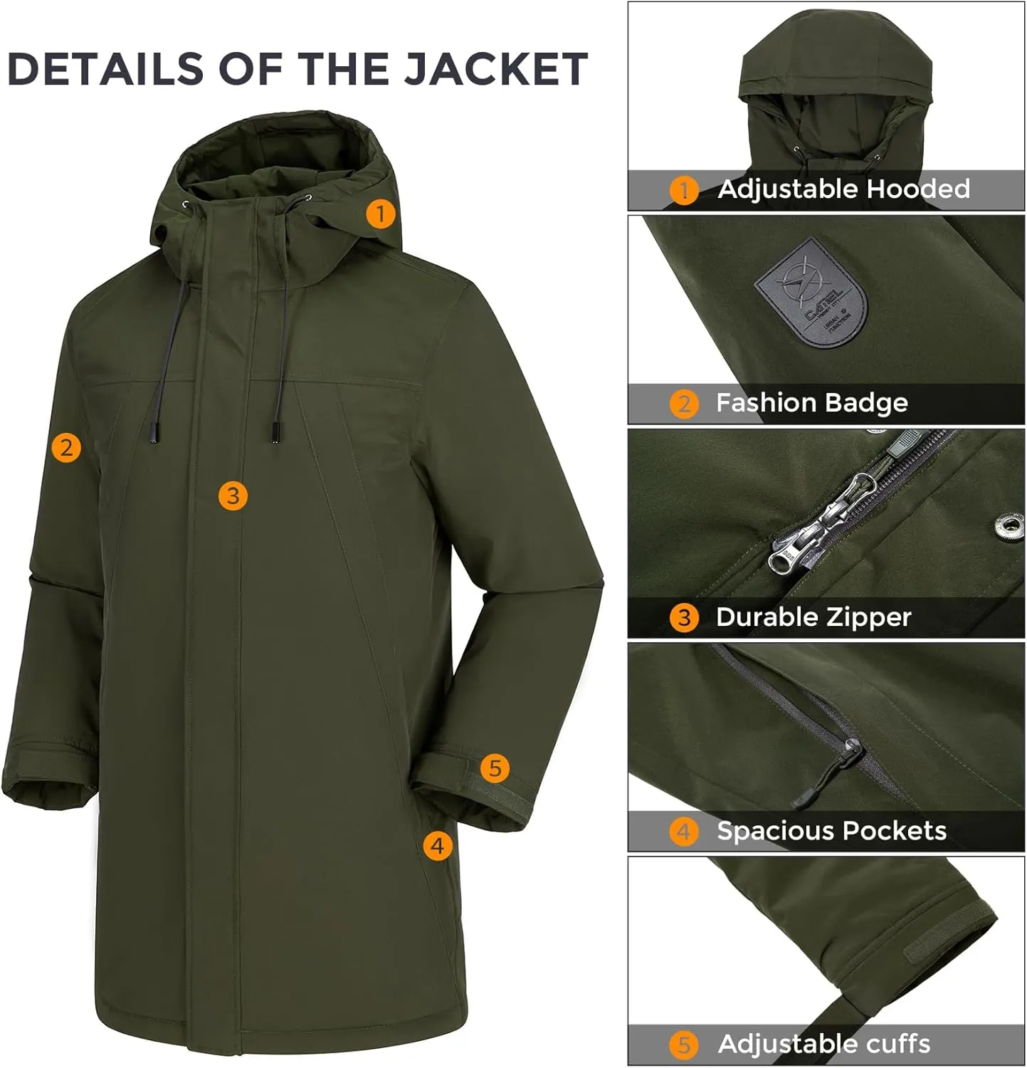CAMELSPORTS Mens Winter Coats Long Warm Jacket with Hood Casual Quilted Puffer Parka Windproof Jackets