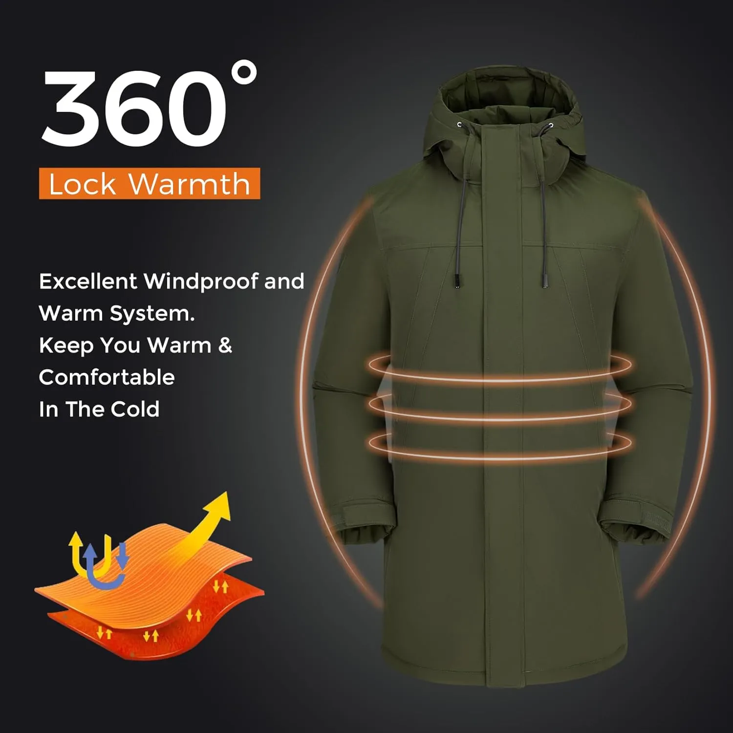 CAMELSPORTS Mens Winter Coats Long Warm Jacket with Hood Casual Quilted Puffer Parka Windproof Jackets