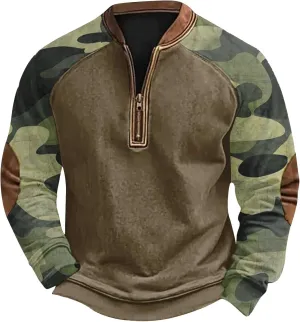 Camoflauge Quarter Zip Sweatshirt Men Plus Size Military Long Sleeve Fall Camouflage Pullover Sweatshirts