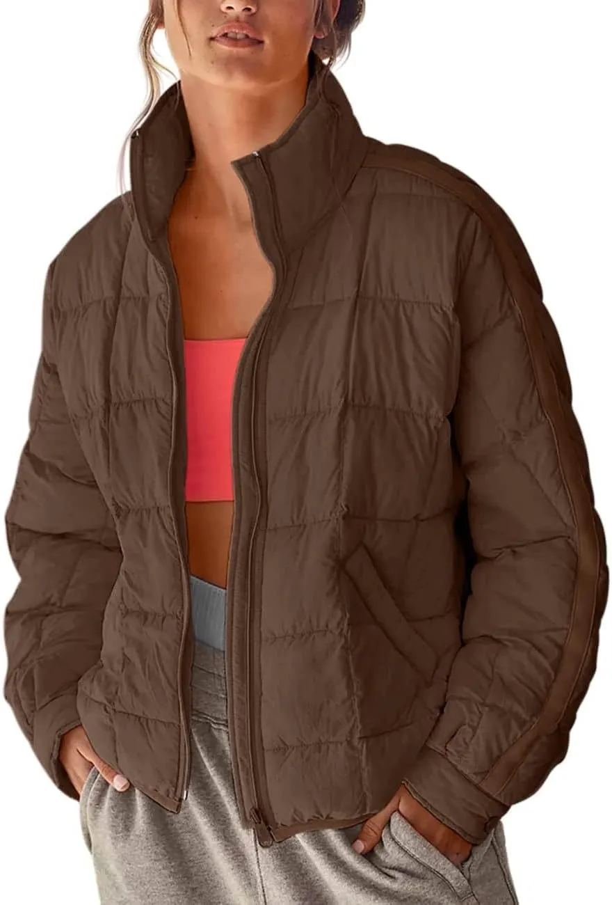 Canbebig Womens Quilted Puffer Jackets Oversized Lightweight Zipper Down Coats Long Sleeve Packable Jackets with Pockets