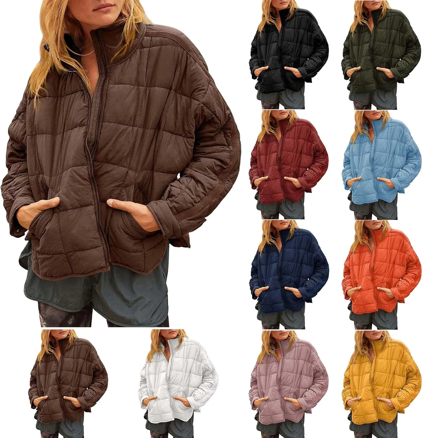 Canbebig Womens Quilted Puffer Jackets Oversized Lightweight Zipper Down Coats Long Sleeve Packable Jackets with Pockets