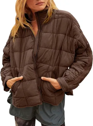 Canbebig Womens Quilted Puffer Jackets Oversized Lightweight Zipper Down Coats Long Sleeve Packable Jackets with Pockets