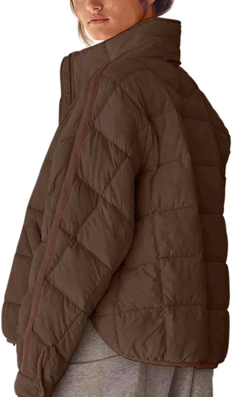 Canbebig Womens Quilted Puffer Jackets Oversized Lightweight Zipper Down Coats Long Sleeve Packable Jackets with Pockets