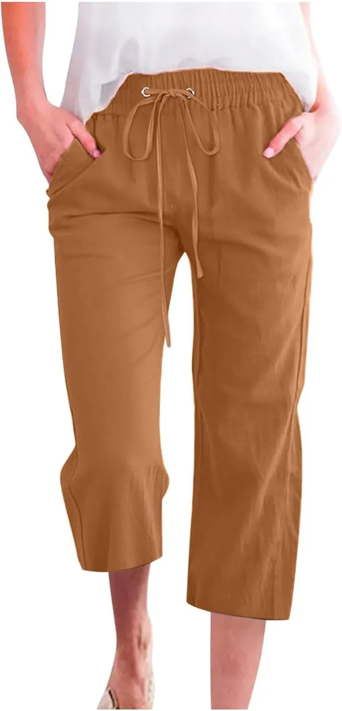 Capri Pants for Women Casual Summer Cotton Elastic High Waist Linen Pants Plus Size Cropped Pant Beach Clothes Trousers