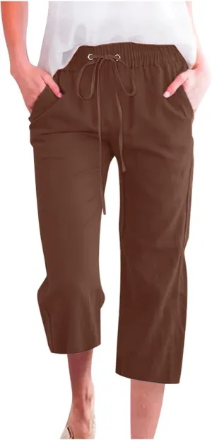 Capri Pants for Women Casual Summer Cotton Elastic High Waist Linen Pants Plus Size Cropped Pant Beach Clothes Trousers