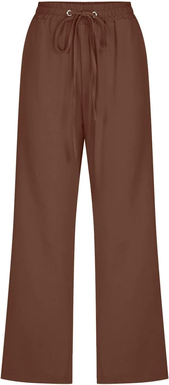 Capri Pants for Women Casual Summer Cotton Elastic High Waist Linen Pants Plus Size Cropped Pant Beach Clothes Trousers