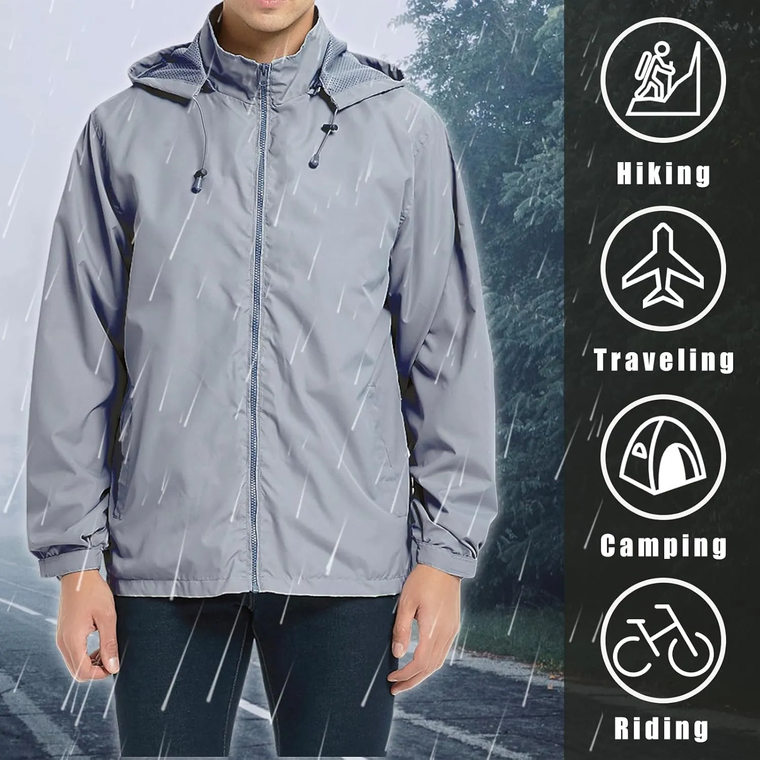 Casual Jacket for Men Lightweight Softshell Jacket Windbreak Waterproof Raincoat Travel Hiking Coat with Removable Hood