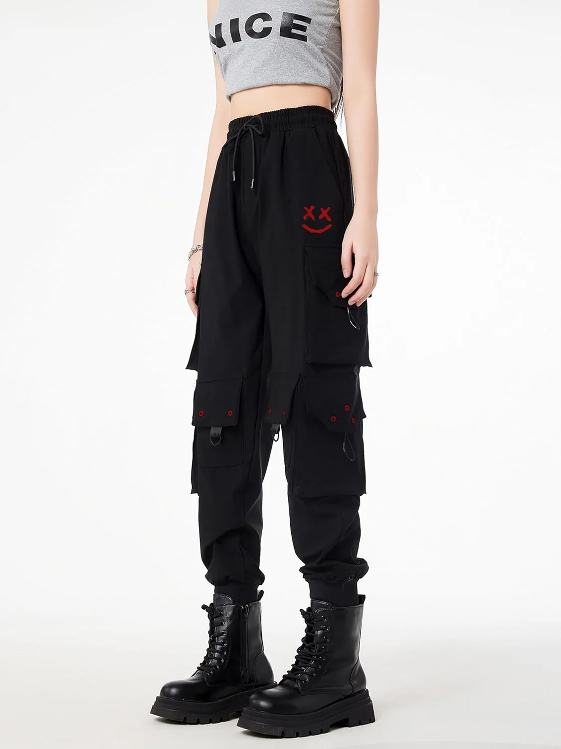 CLOAKA Cargo Pants Women Gothic Y2K High Waist Adjustable with Pockets Drawstring Street Techwear Jogger Sweatpants
